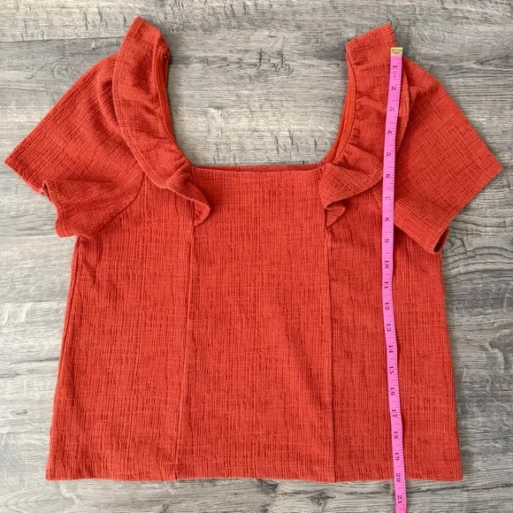 Madewell Ruffle Sleeve Top Rust Orange Square Neck Textured S - Picture 11 of 12